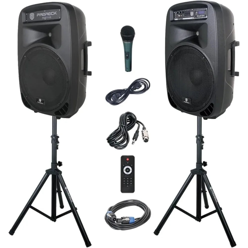 Party 15 Portable PA Speaker System - 2000W 15-Inch, Bluetooth/USB/SD/FM, LED Light + Speaker Stands/Mic/Remote
