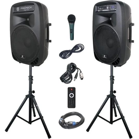 Party 15 Portable PA Speaker System - 2000W 15-Inch, Bluetooth/USB/SD/FM, LED Light + Speaker Stands/Mic/Remote