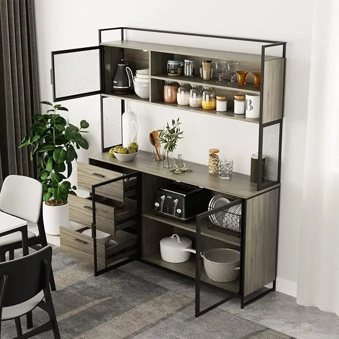 Large kitchenware storage cabinet, metal frame, drawers and microwave rack, independent kitchen storage cabinet