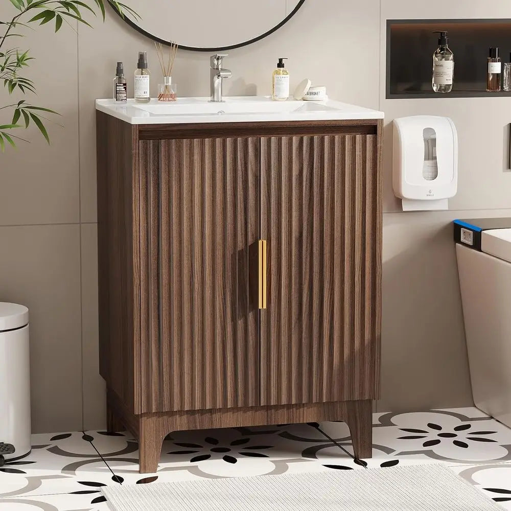 24 Inch Bathroom Vanity with Sink, -Century ern Vanity with Ceic Basin and luted Sot-Close Do, U-Shape Storage Shel,ree Standing