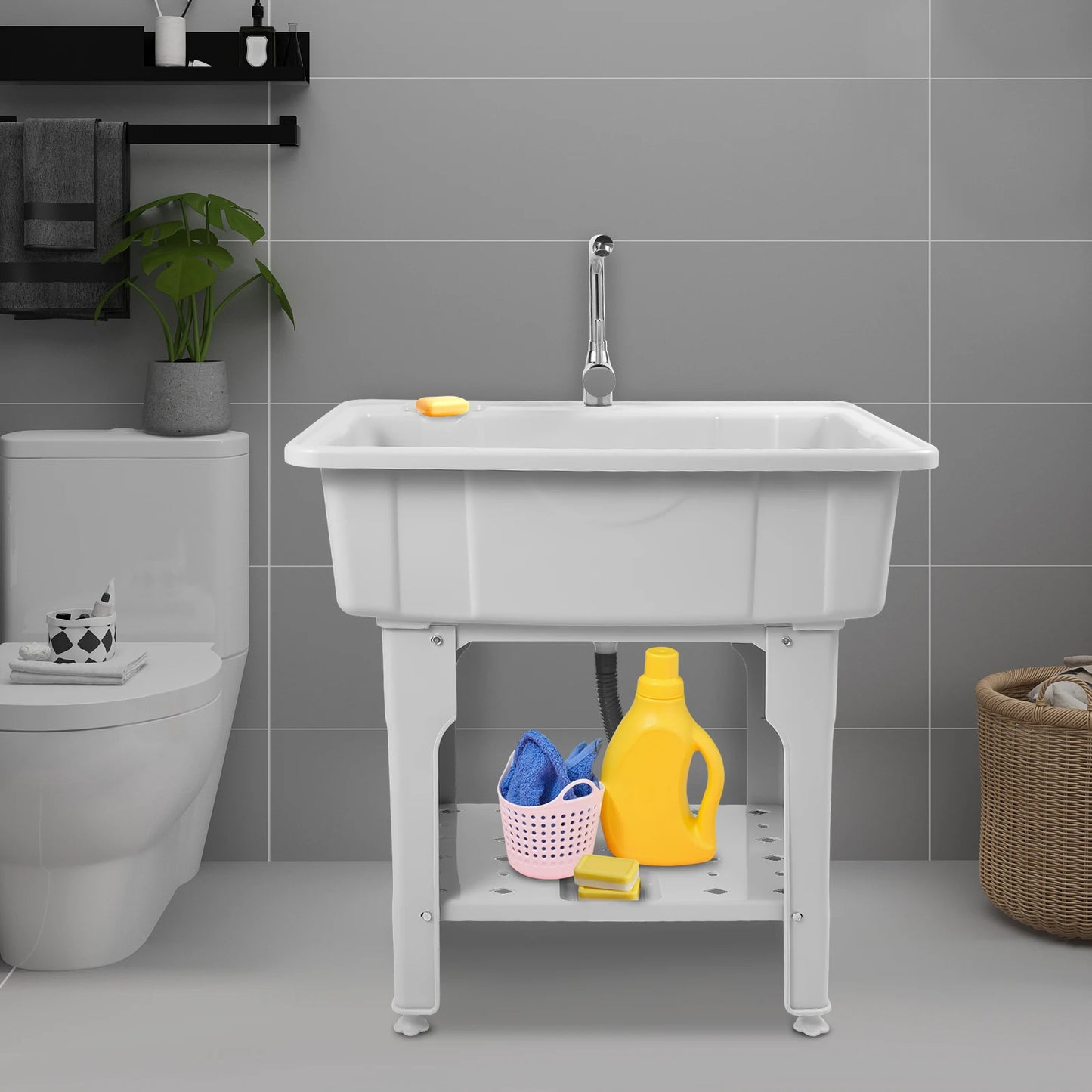 Large 70kg Capacity Modern Rectangular Laundry Sink, Gray Spacious Utility Tub & Wash Station, Complete with Storage Shelf