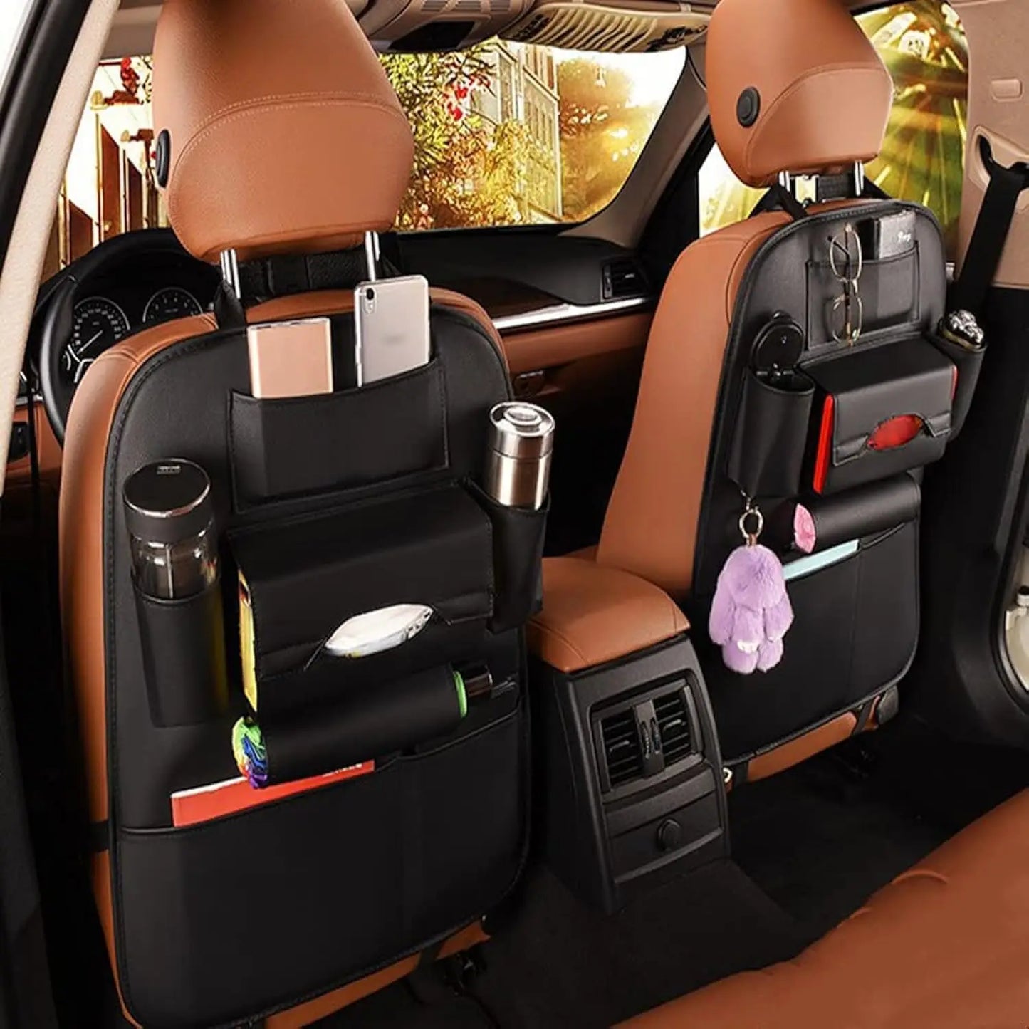 2 Pack Premium PU Leather Car Seat Back Organizer with Cup Holder and Kick Mats, Universal Fit for Travel Accessories