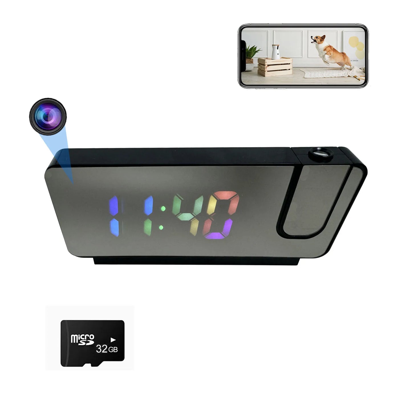 4K Ultra HD Projection Alarm Clock Camera with Wi-Fi, Motion Detection, Remote Viewing, Recording, Nanny Cam for Indoor Security