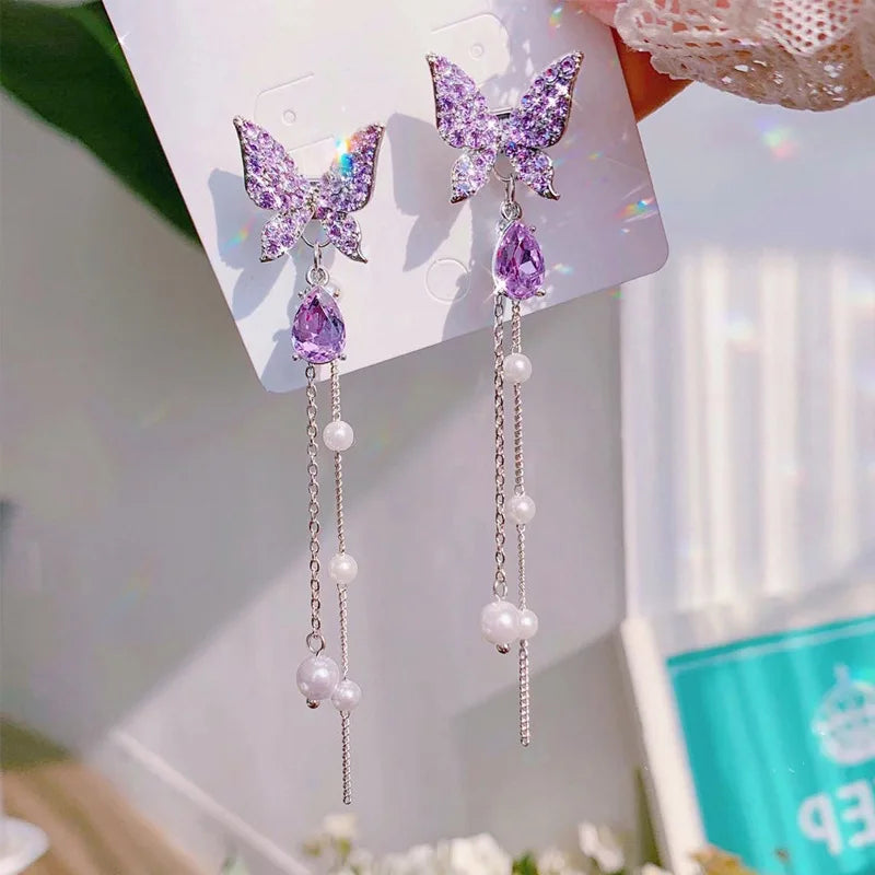 New Fashion Shiny Crystal Butterfly Long Tassel Earrings For Women Exquisite Zircon Pearl Elegant Temperament Earring Jewelry