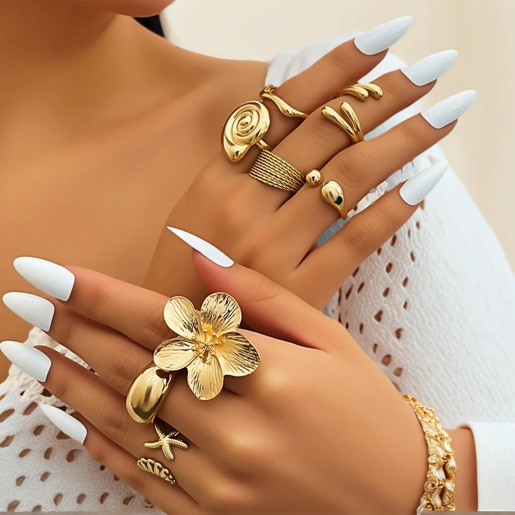 8Pcs New Irregular Metal Flower Open Ring for Women's Elegant Imitation Pearl Ring Jewelry Accessories Geometric Finger Ring Jew
