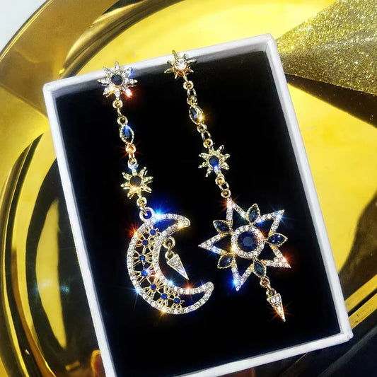 Elegant Silver Color Asymmetric Star Moon Earrings Long Statement Tassel Sparkling Personalized Earrings Jewelry
