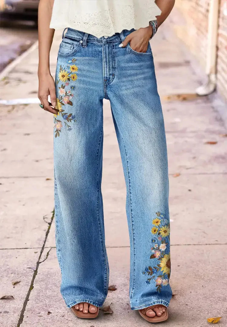 Women's fashionable and comfortable washing light blue embroidery printing craft high waist micro-stretch casual jeans