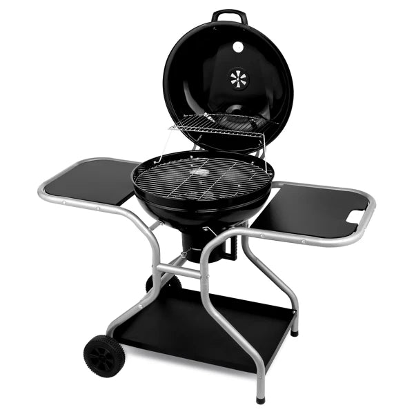 Kettle Charcoal Grill with 2 Side Tables, Storage Shelf, Upgraded Ash Catcher,Outdoor Cooking Barbecue Grill with Wheels