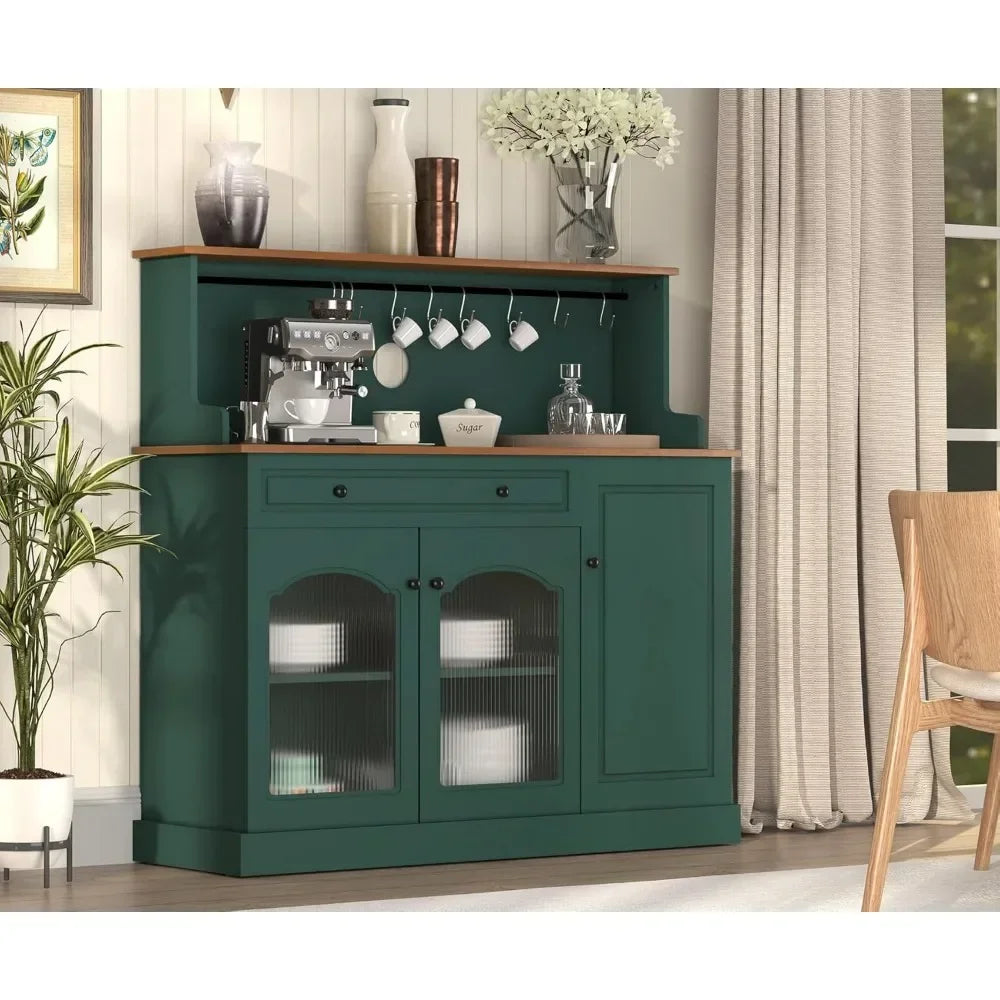 48” Coffee Bar Cabinet with Glass Doors, Wood Kitchen Pantry Cabinet with Glass Doors, Green Microwave Cabinet，Kitchen Cabinets