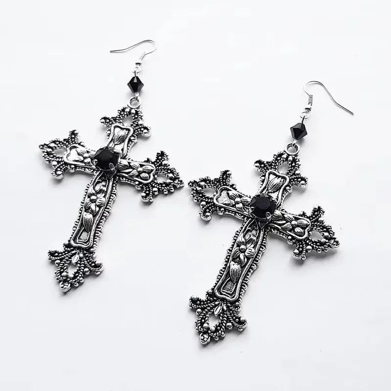 Goth Large Detailed Cross Black Drill Jewel Earrings Silver Color Gothic Punk Jewellery Fashion Gorgeous Statement Women Gift