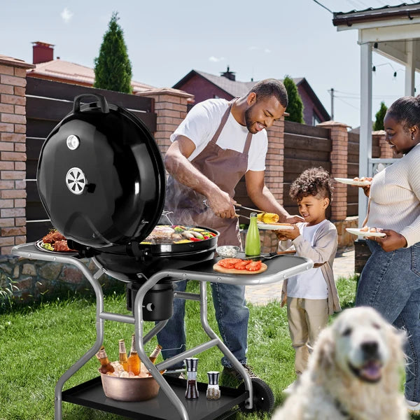 Kettle Charcoal Grill with 2 Side Tables, Storage Shelf, Upgraded Ash Catcher,Outdoor Cooking Barbecue Grill with Wheels