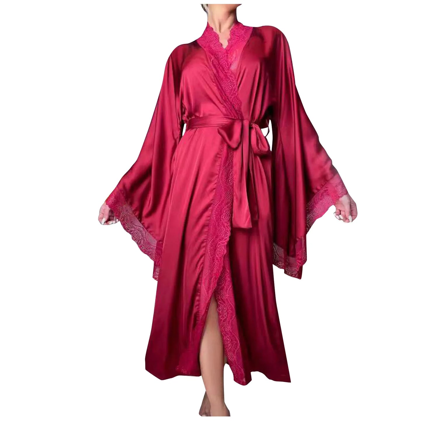 Long Solid Kimono Robe Women Sexy Lace Patchwork Bathrobe Gown Flare Sleeve Sleepwear Nightwear Bride Wedding Robes Loungewear