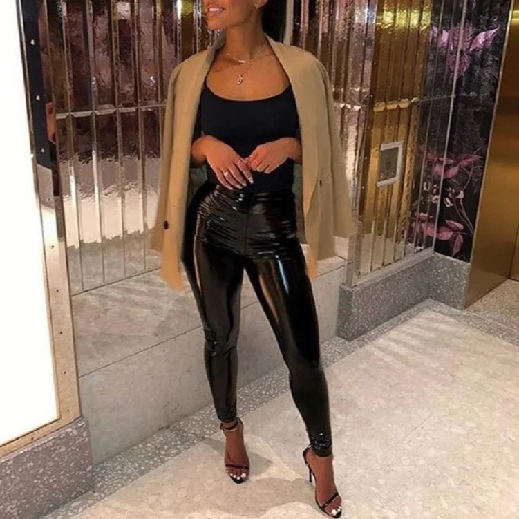 Pants women 2025 casual Spring summer patent leather mid-waist thin tight pink stylish commuting trousers PU leather tight pants