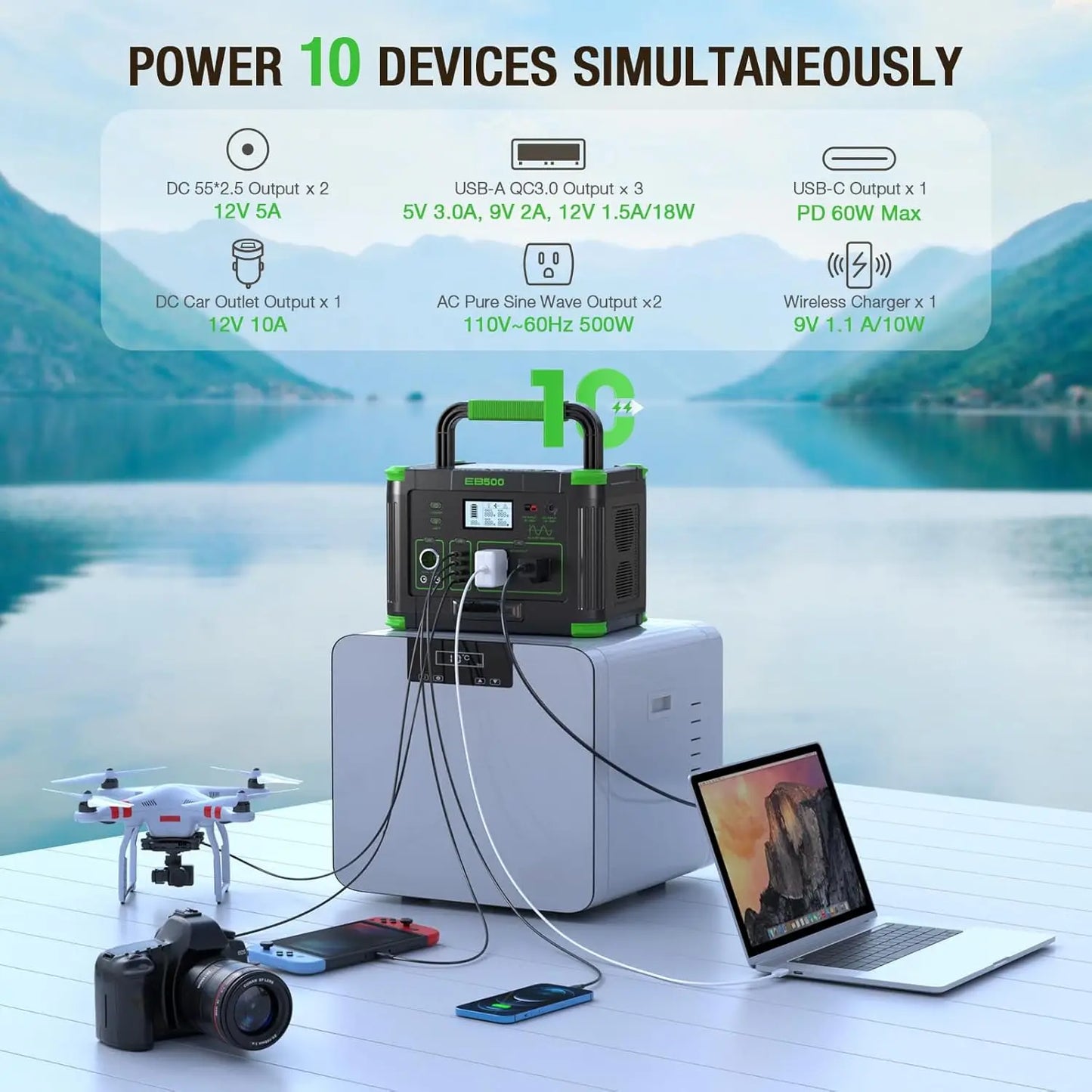 500W Portable Power Station (1000W Peak), 2x 110V AC Outlets & 60W USB-C PD, 10-Output Portable Power Bank with, Customized
