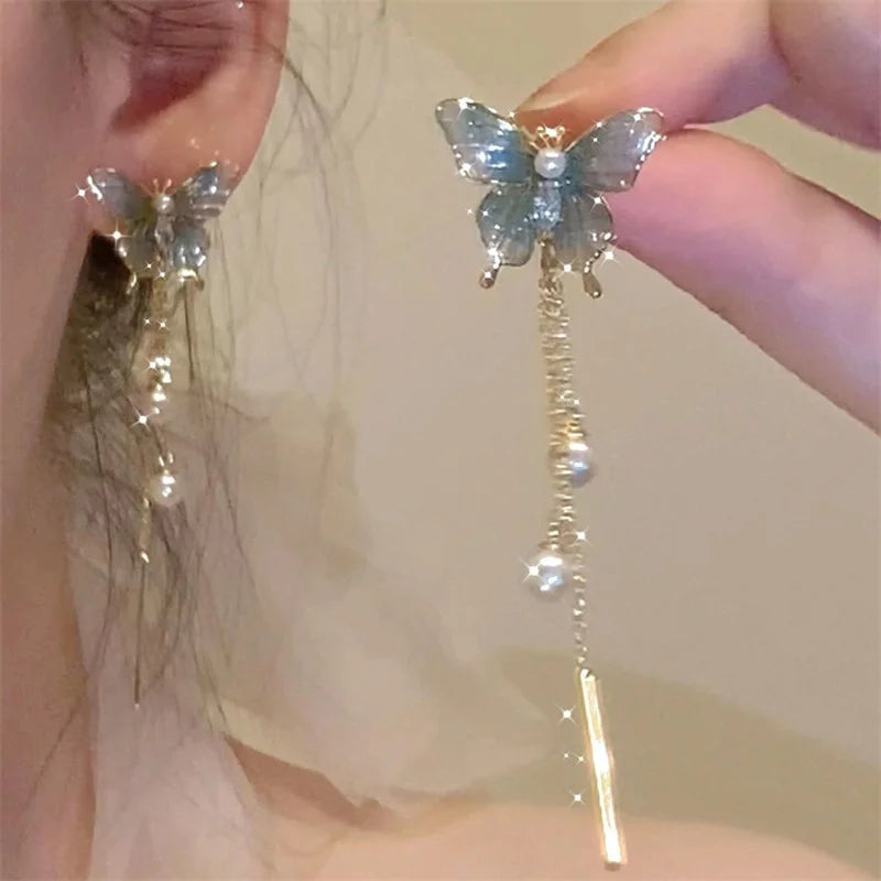 New Fashion Shiny Crystal Butterfly Long Tassel Earrings For Women Exquisite Zircon Pearl Elegant Temperament Earring Jewelry