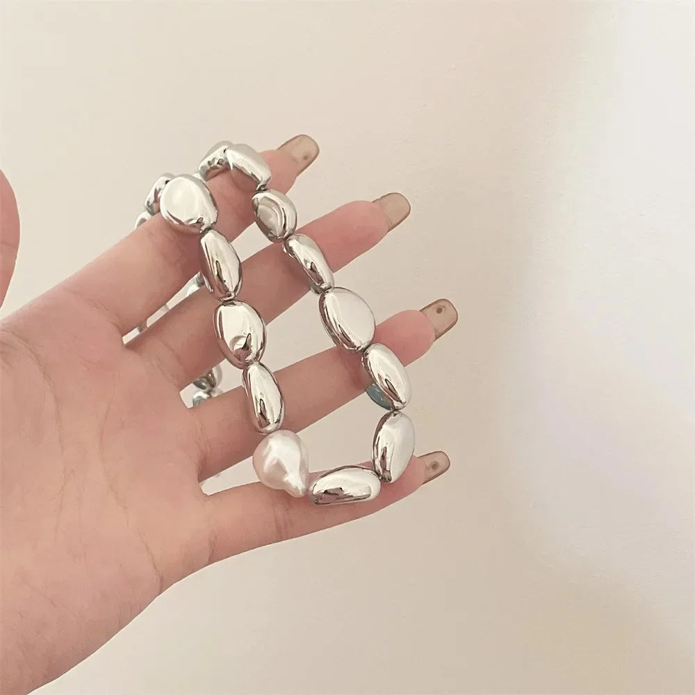 Vintage Silver-plate Geometric Exaggerated CCB Chain Necklace For Women Female Fashion Boho Artificial Pearl Y2K Jewelry Gift