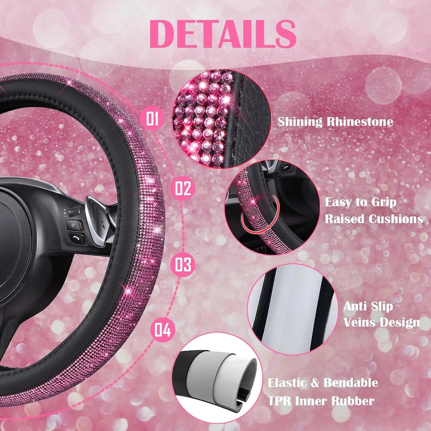 Pink Bling Car Accessories Set: Steering Wheel Cover, License Plate Frame, Phone Holder & Decorations for Women