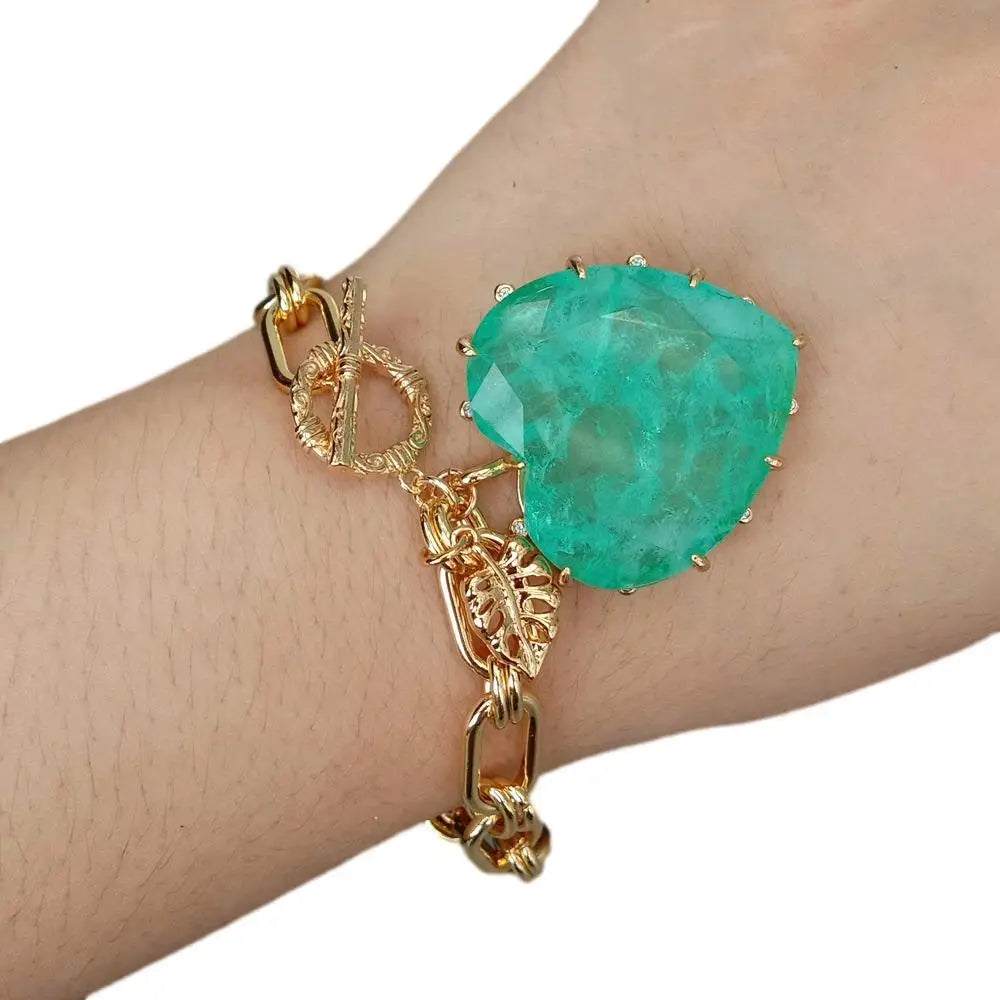 KKGEM  32mm Green Quartz Heart Charm Yellow Gold Plated Charm Link Chain Bracelet