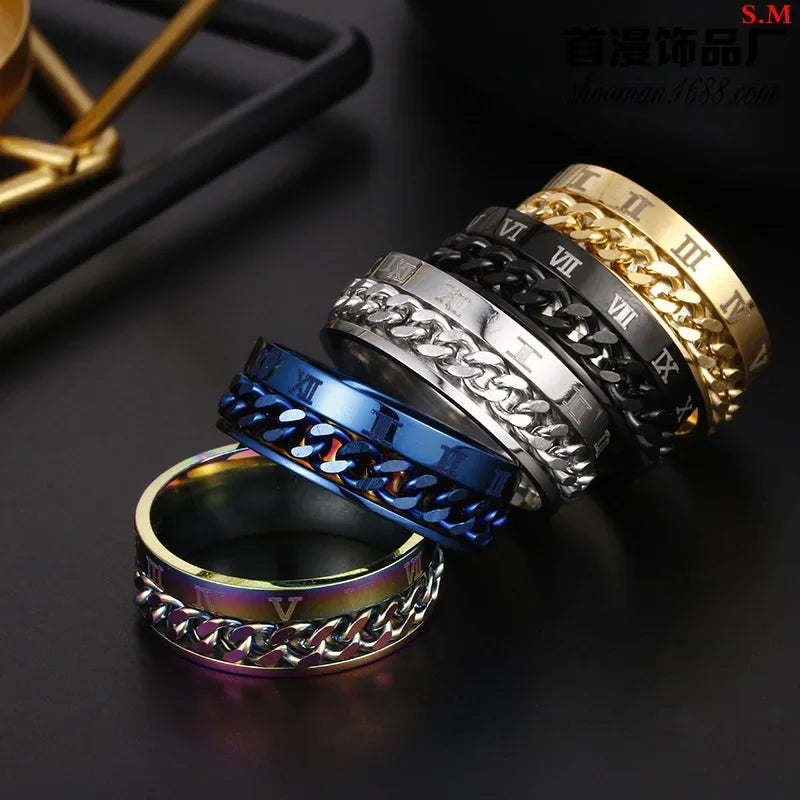 Roman Numerals Stainless Steel Chain Rotating Anxiety Black Rings For Men Fidget Metal Spinner  Ring Anillos De Hombre