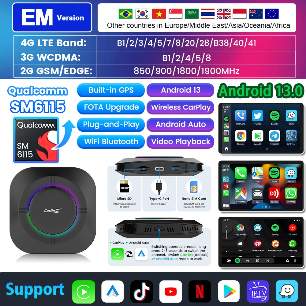 2026 Carlinkit Ai Box LED Android Wireless Carplay adapter Android 13 Qualcomm 6115 8-cores 64G Smart Tv Box For Netflix IPTV