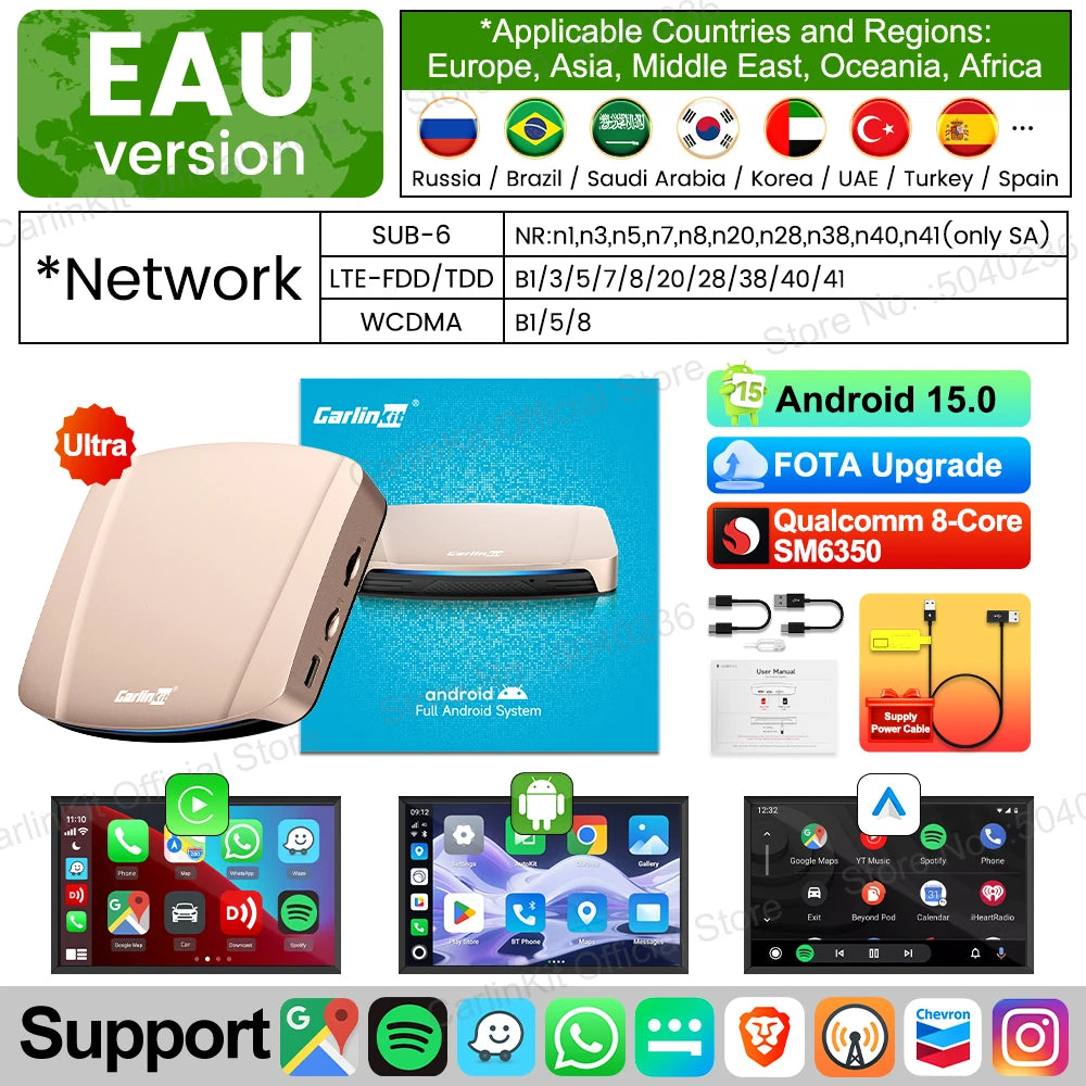 Android 15 Ultra WiFi6 CarPlay Ai Box CarlinKit SM6350 8-Core Wireless CarPlay Android Auto Support YouTube/SD/SIM Card 8G+256GB