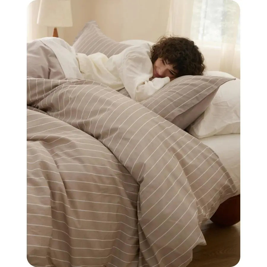 Striped Duvet Cover King Size,100 Washed Cotton Duvet Cover Linen Like Textured, Classic Striped Pattern Enhances Bedroom Comfor