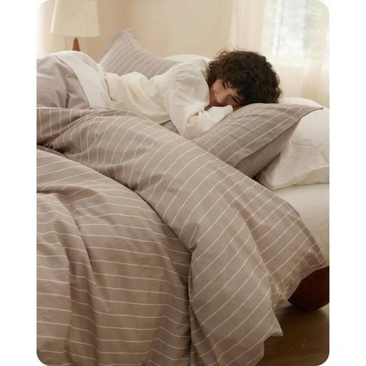 Striped Duvet Cover King Size,100 Washed Cotton Duvet Cover Linen Like Textured, Classic Striped Pattern Enhances Bedroom Comfor
