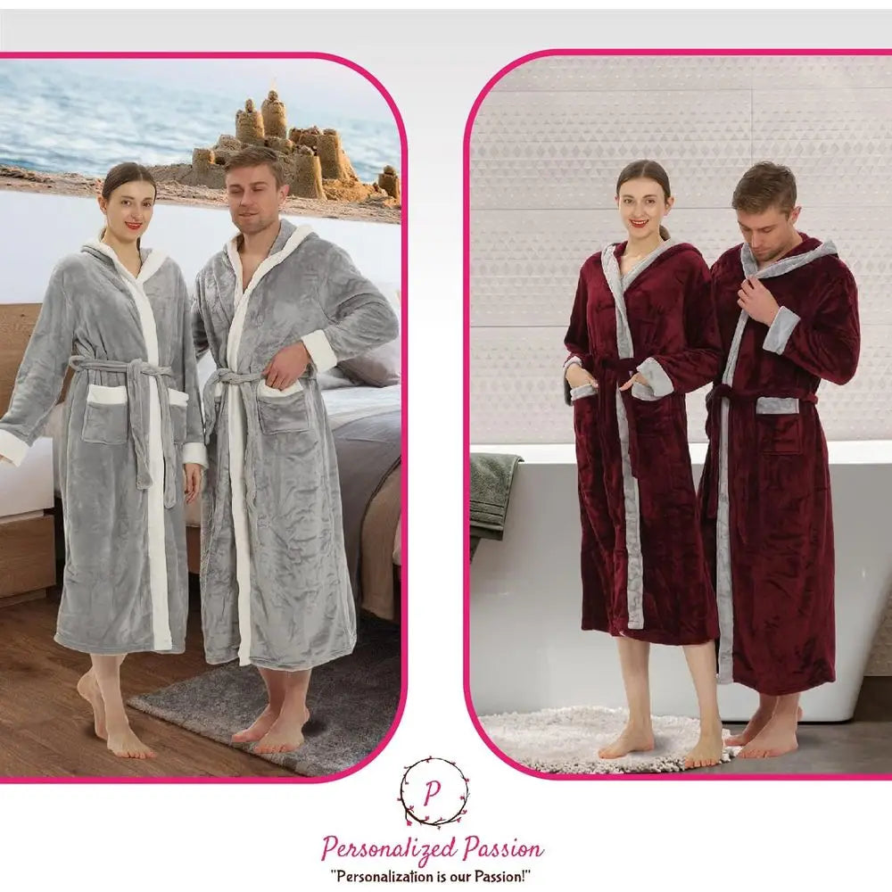 His and Her Hooded Plush Robes with Custom Names - Personalized Couple Robes for Women and Men - Luxurious Spa Bathrobes