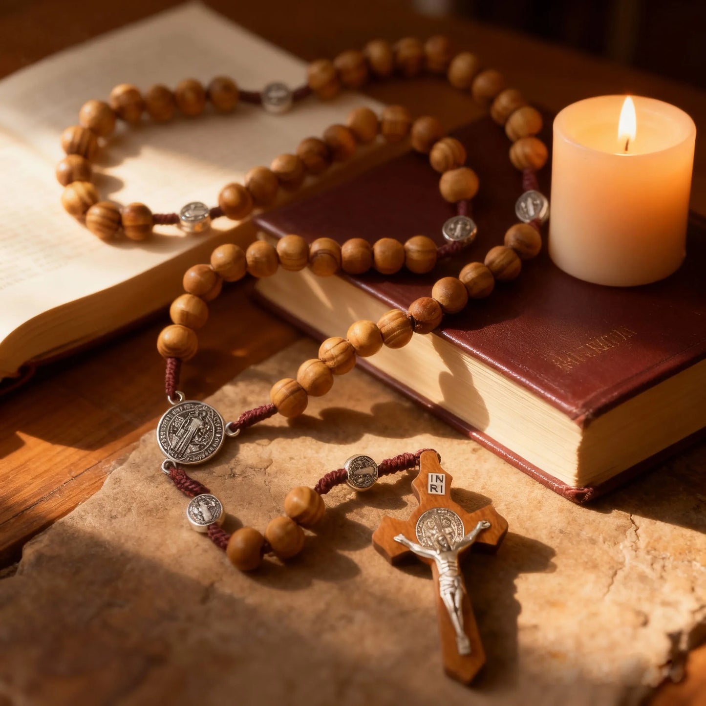 1 Pcs Faith Saint Benedict Rosary – 17 Inch Prayer Beads with 10mm Wood-Look Beads and Metal Crucifix, Religious Gift for Praye