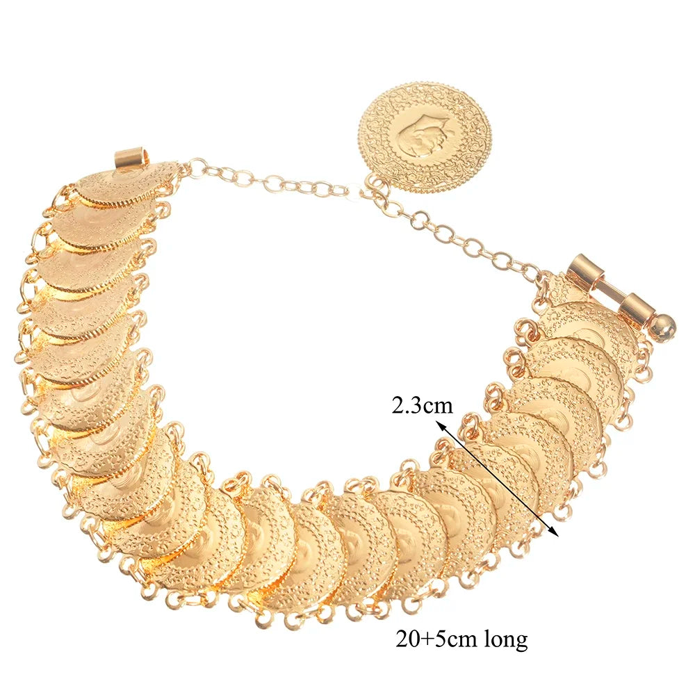 Luxury Gold Plated Ottoman Turkish Totem Chain Bracelet Coin Cuff Bangles for Bridal Ethnic Women's Jewelry Bijoux