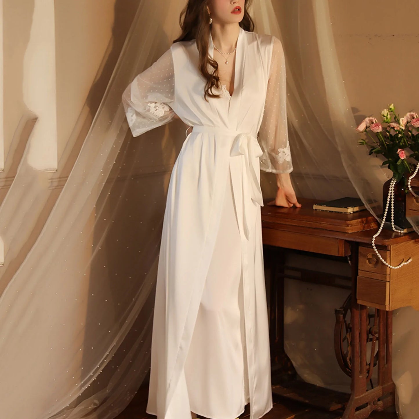 Sexy Silks Long Bathrobe Pajamas Women Nightgown Sets Robe Cardigan Luxury Night Gowns Loungewear High Quality Home Wear New