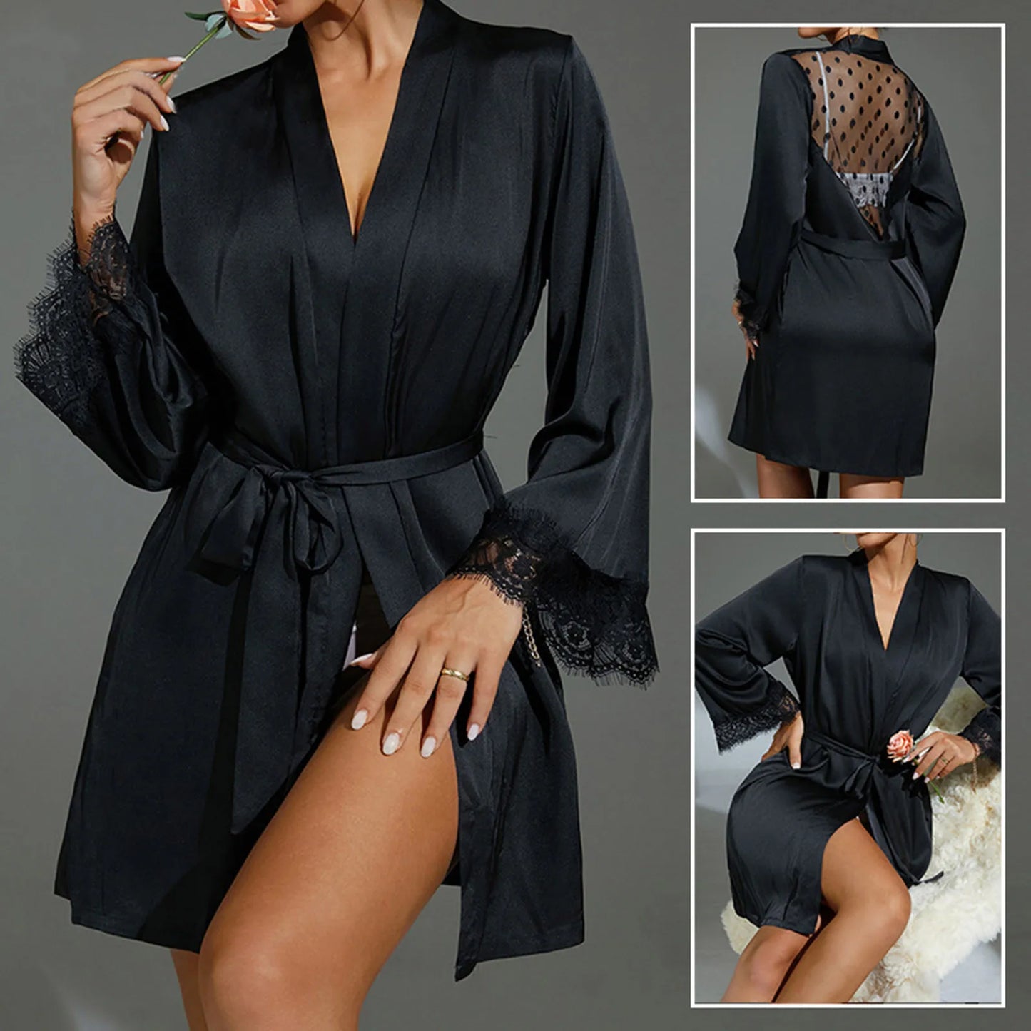 Women's Ice Silk Robe Satin Lace Kimono Robe Solid Bathrobe With Tie Women Night Gowns Mesh Back Hollw Robes Bridesmaid Robes