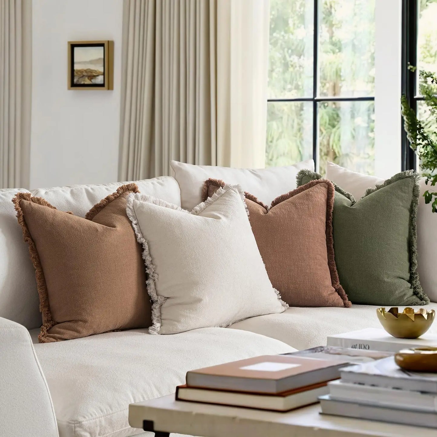 Set of 4 Linen Fringe Throw Pillows, 20x20 Inch Neutral Beige/Brown/Green Covers for Sofa Bed Living Room Farmhouse Decor