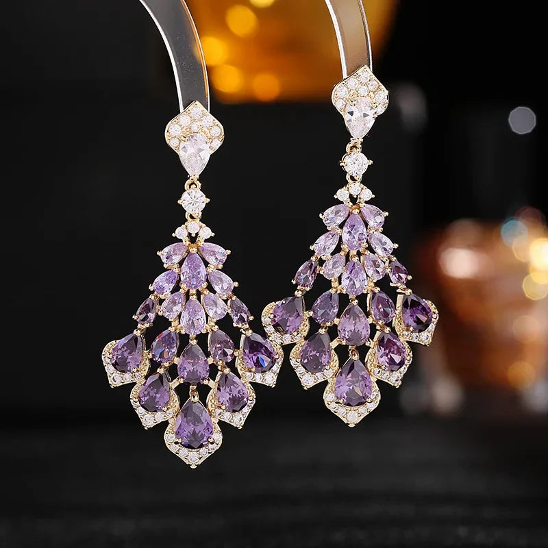 Shiny Cubic Zirconia Inlaid Earrings Waterdrop Petals Heavyweight Dress With Earrings