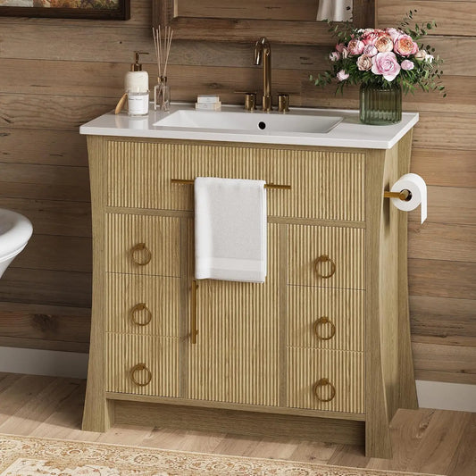 IRONCK 36" Bathroom Vanity with Sink, Wood Grain Texture, Freestanding Bathroom Sink Cabinet with 4 Drawers & 1 Flip-Down Drawer