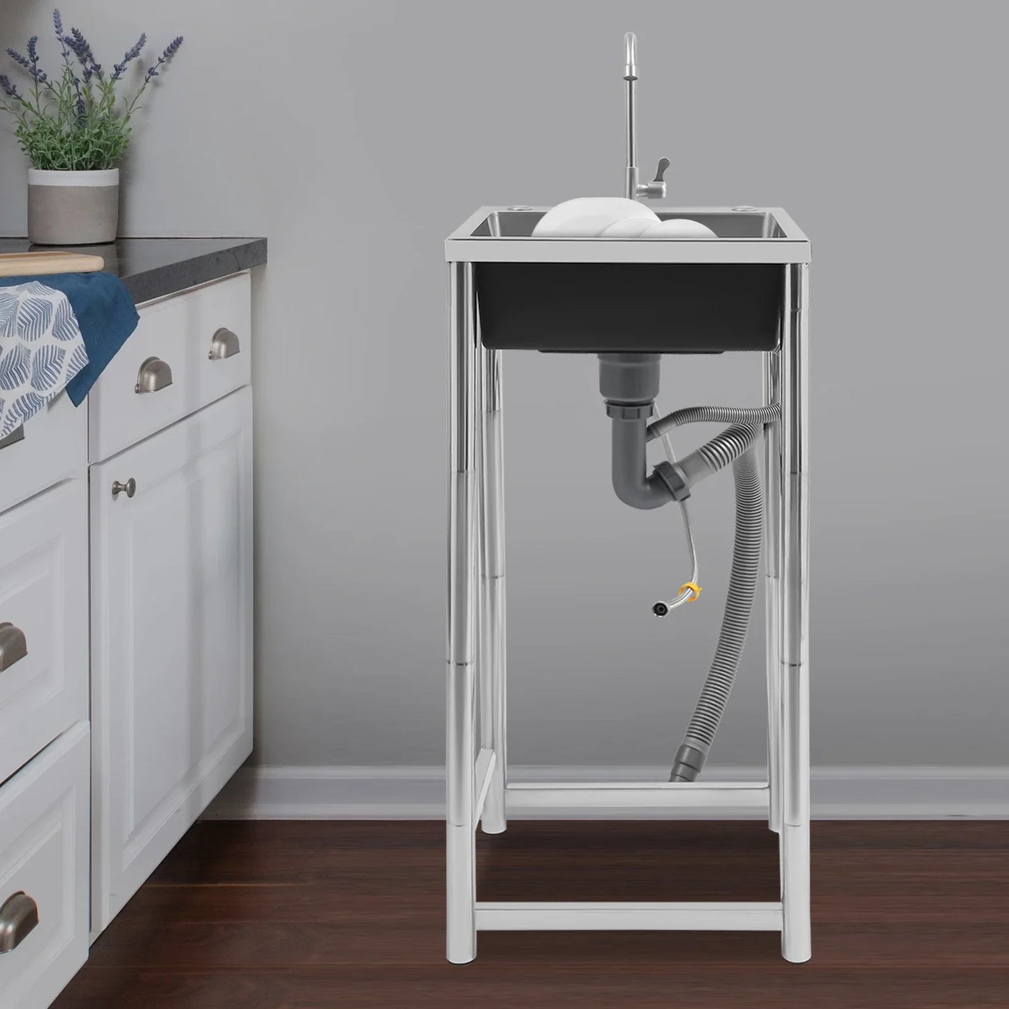 Commercial sink 45x40x22cm Stainless Steel Sink with Faucet, Free Standing Utility Sink, Single Bowl Commercial Sink
