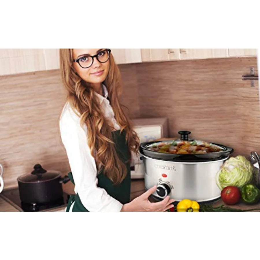 Oval Slow Cooker Crock 8.5 Quart Dishwasher Safe Pot in Stainless Steel with Easy Options for Home Cooking