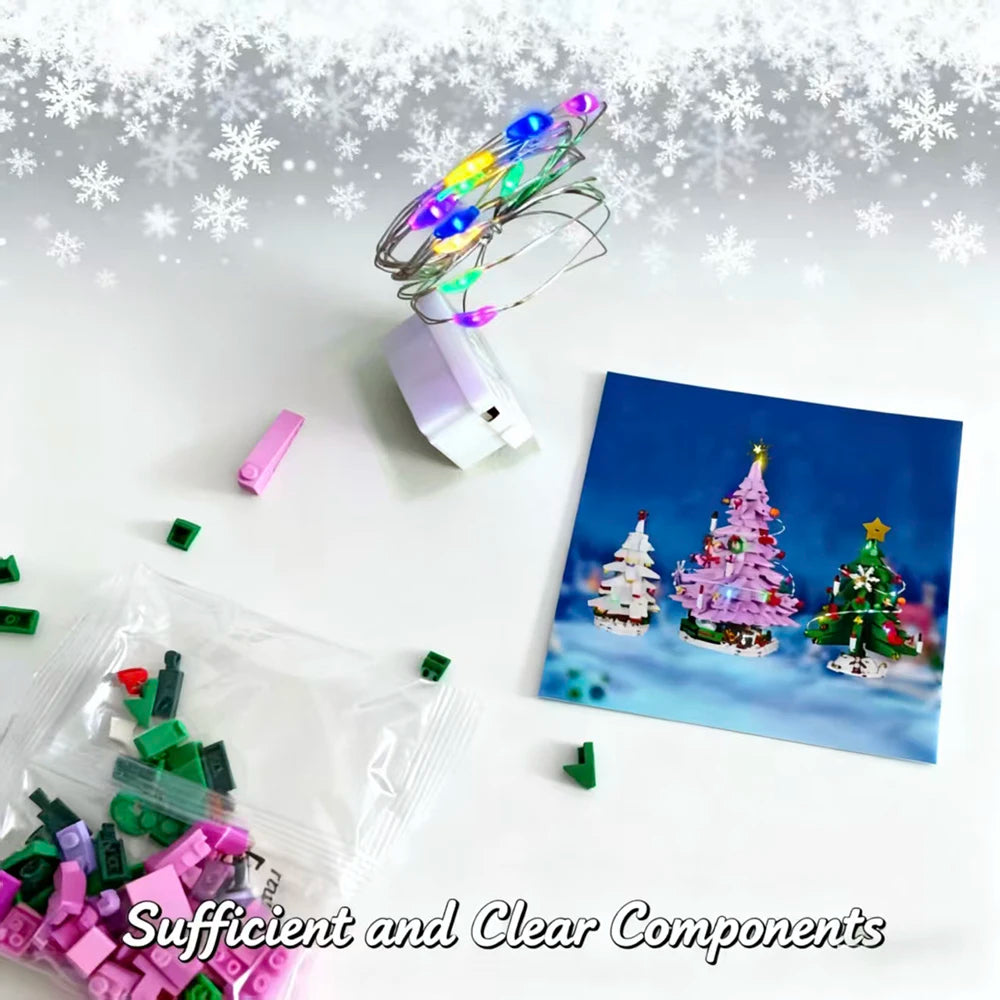Three Christmas Trees with Led Strips Building Blocks Kit 743 PCS DIY Home Decor Assembly Toy Holiday Gift for Kids New Year Set