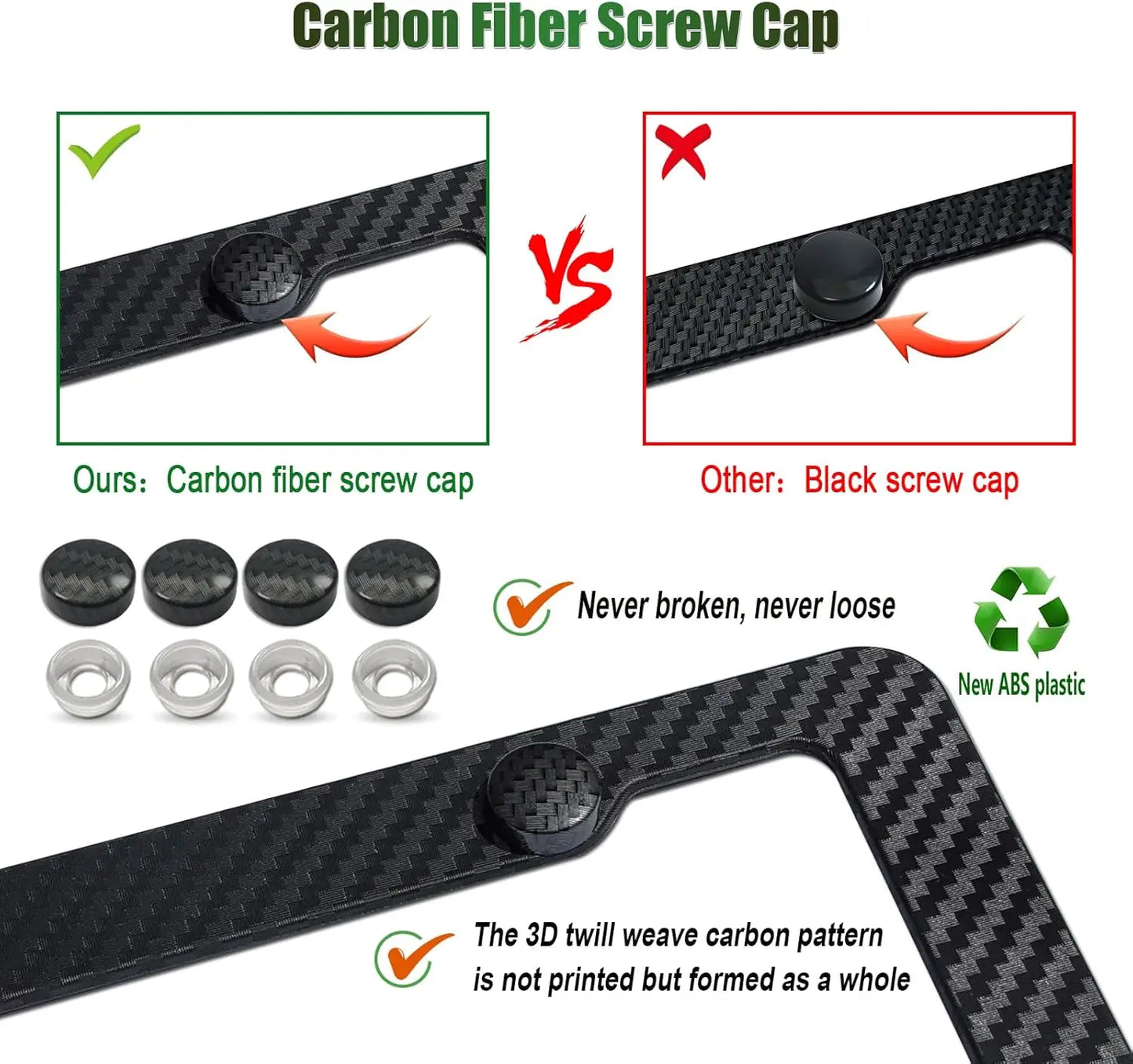 Carbon Fiber License Plate Frames - Black Pattern Plastic Front & Rear Car Tag Holder Cover 2 Pack with Mount Hardware
