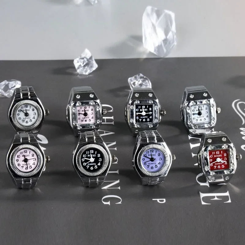 Vintage Punk Finger Watch Mini Elastic Strap Alloy Watches Couple Rings Jewelry Clock Retro Roman Quartz Watch Ring Women Men