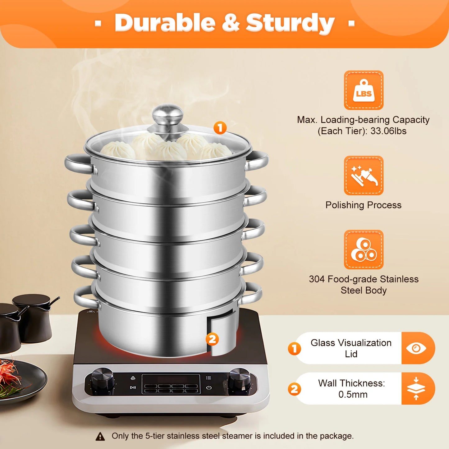 5-Tier Stainless Steel Steamer 15kg  Adjustable Grids Glass Lid for Home Kitchen Restaurant Dormitory Cooking