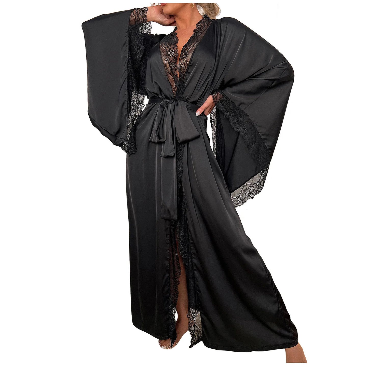 Long Solid Kimono Robe Women Sexy Lace Patchwork Bathrobe Gown Flare Sleeve Sleepwear Nightwear Bride Wedding Robes Loungewear