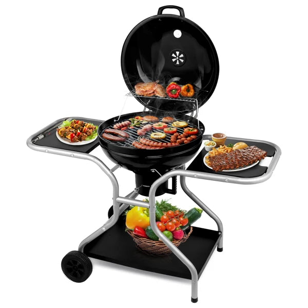 Kettle Charcoal Grill with 2 Side Tables, Storage Shelf, Upgraded Ash Catcher,Outdoor Cooking Barbecue Grill with Wheels