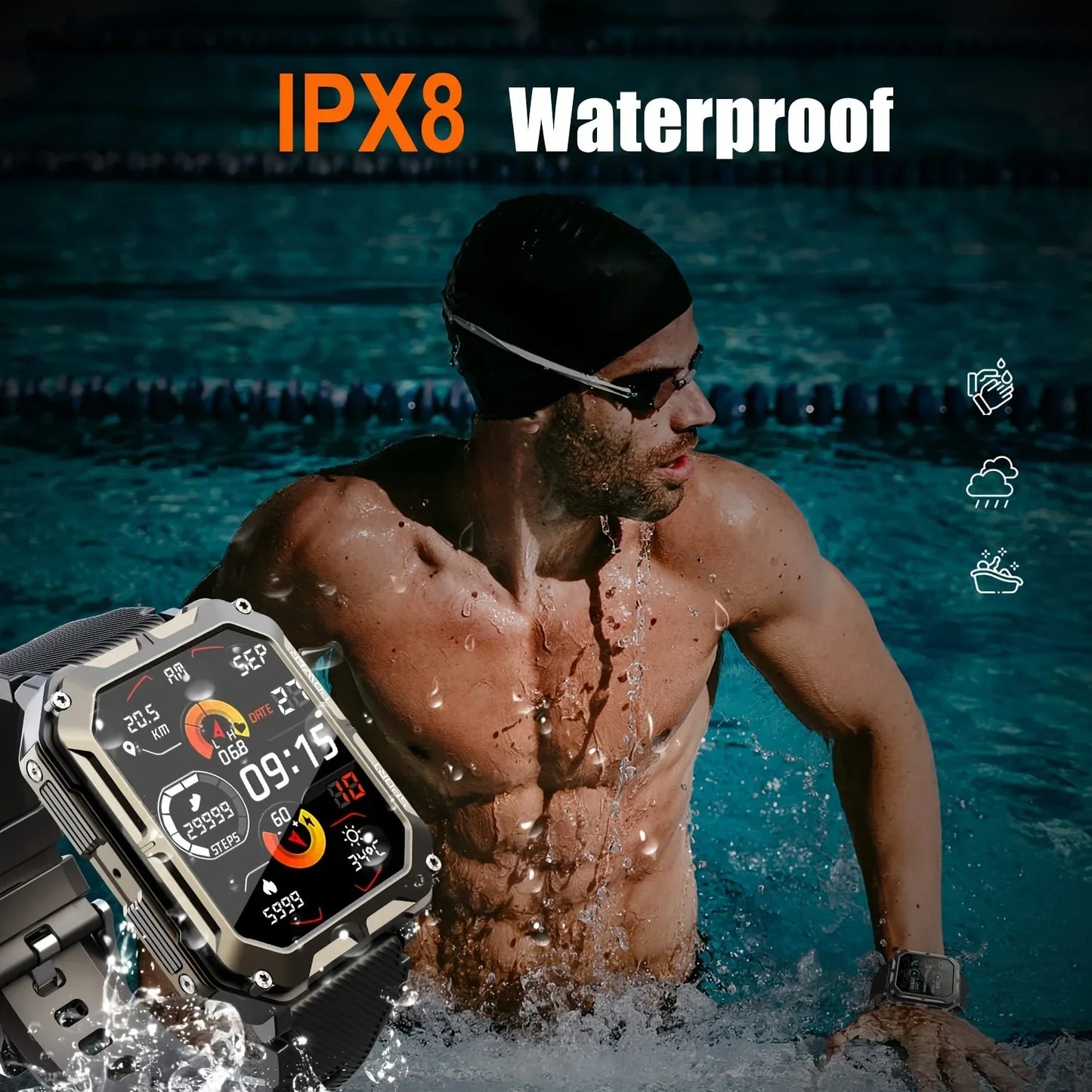 Rugged 1.83" Smart watch (Call Receive/Dial) IPX8 for Android iPhone Compatible, Fitness Tracker for Outdoor Sport