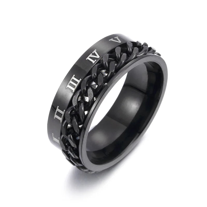 Roman Numerals Stainless Steel Chain Rotating Anxiety Black Rings For Men Fidget Metal Spinner  Ring Anillos De Hombre