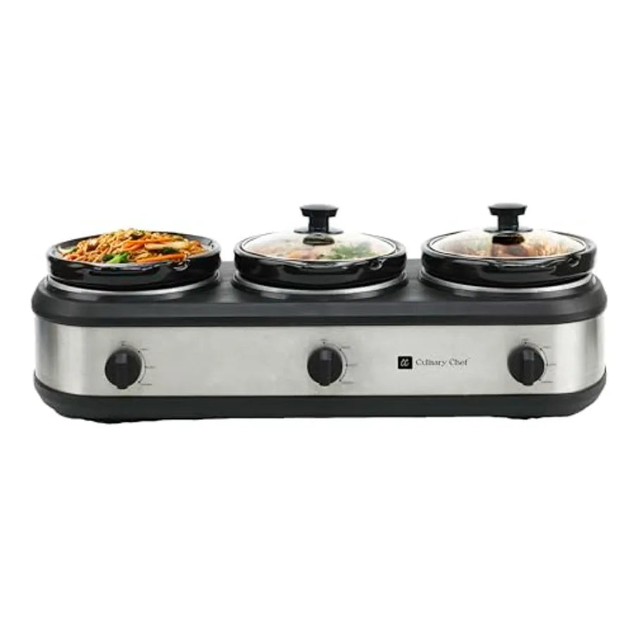 Triple Slow Cooker Buffet Server 3 Pot Stainless Food Warmer for Catering Events with Even Heat Distribution and Durable Design