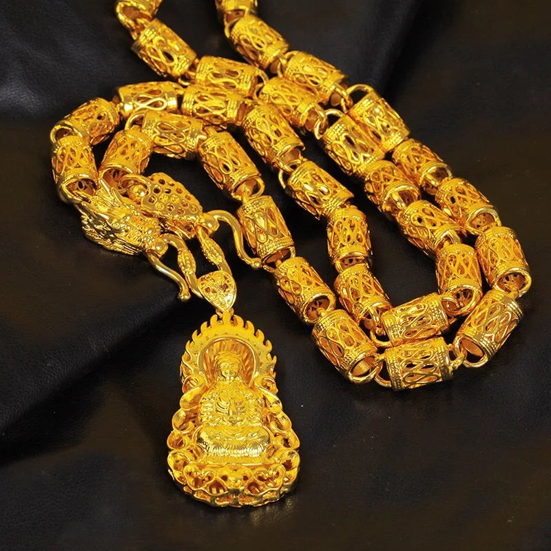 9999 24K Real Gold Bamboo Necklace Men's Domineering Guan Gonglong Card Gold Chain Extended Thickened Style Hollow Chain