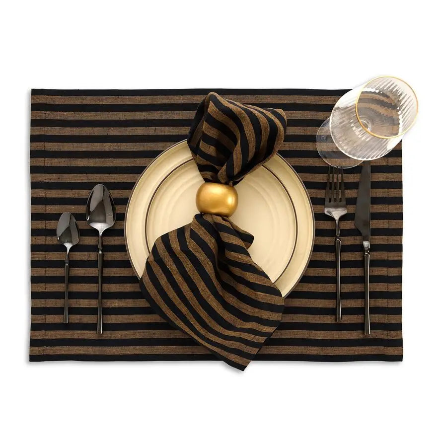Linen Placemats Set of 4 Amalfi Stripe Brown Sugar and Black Placemats 14 x 19 Inch 100 Pure Linen Place Mats