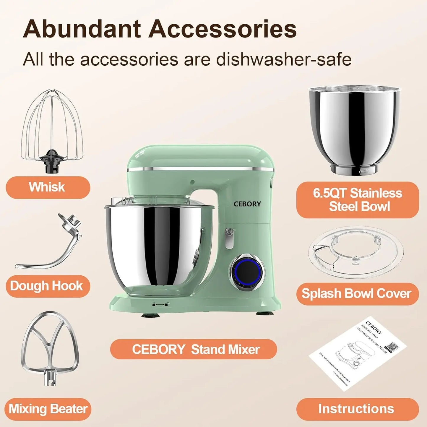3-IN-1 Electric Stand Mixer, 6.5QT Bowl 660W 10-Speed Kitchen Mixer, Household Food Mixers include Dough Hook, Beater and
