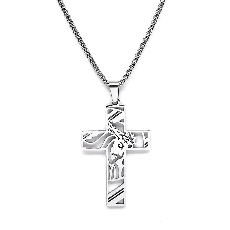 Hip Hop Punk Crown of Thorns Jesus Cross Necklace for Men Stainless Steel Gold Plated Crucifix Pendant Necklaces Jewelry